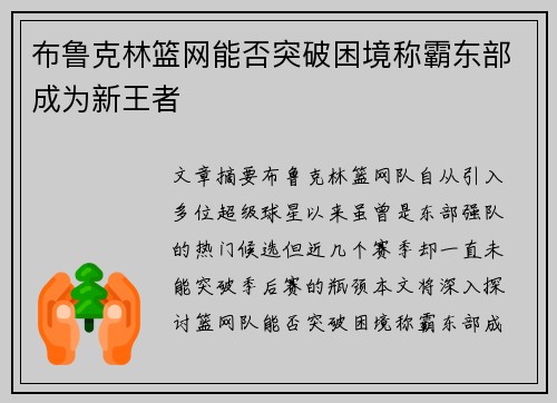 布鲁克林篮网能否突破困境称霸东部成为新王者