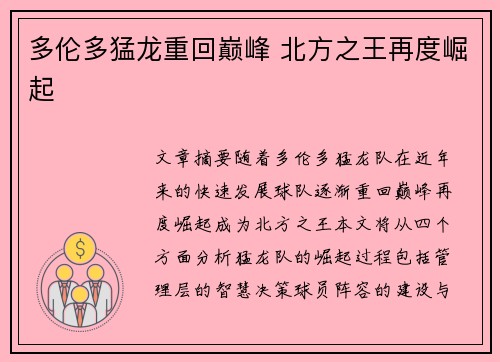 多伦多猛龙重回巅峰 北方之王再度崛起