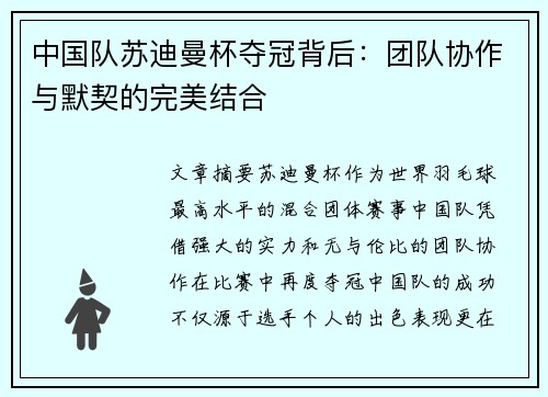 中国队苏迪曼杯夺冠背后：团队协作与默契的完美结合