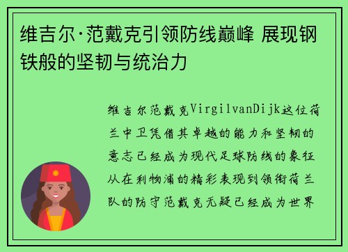 维吉尔·范戴克引领防线巅峰 展现钢铁般的坚韧与统治力