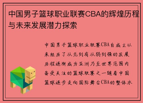 中国男子篮球职业联赛CBA的辉煌历程与未来发展潜力探索