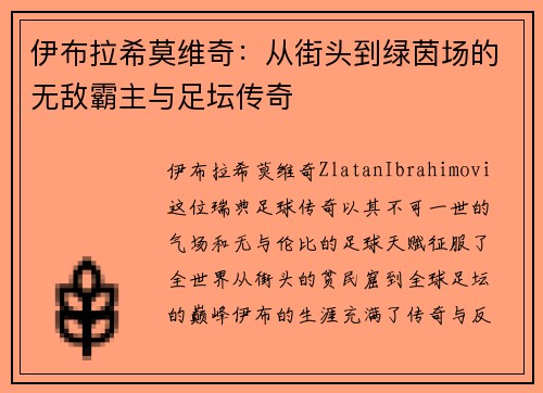伊布拉希莫维奇：从街头到绿茵场的无敌霸主与足坛传奇