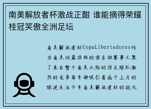 南美解放者杯激战正酣 谁能摘得荣耀桂冠笑傲全洲足坛