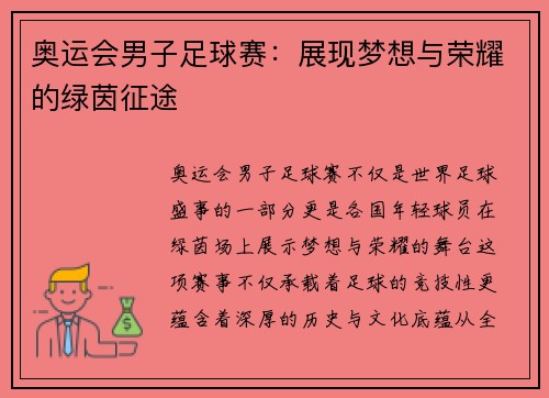 奥运会男子足球赛：展现梦想与荣耀的绿茵征途