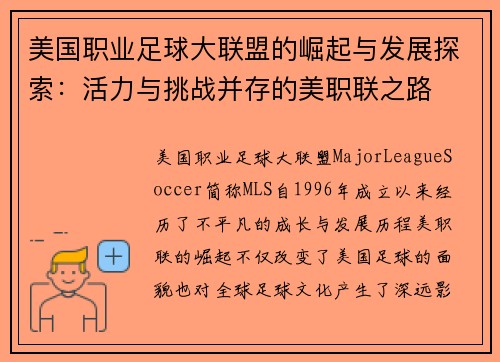 美国职业足球大联盟的崛起与发展探索：活力与挑战并存的美职联之路