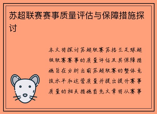 苏超联赛赛事质量评估与保障措施探讨