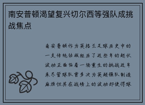 南安普顿渴望复兴切尔西等强队成挑战焦点
